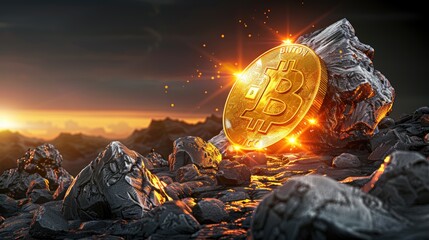 Fototapeta premium Bitcoin in stone - Witness the power of cryptocurrency with this stunning photo of Bitcoin's rising chart