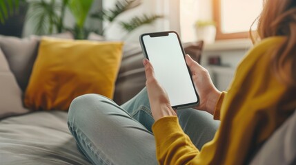 Happy young woman holding mobile smartphone with blank white screen background while resting on the sofa in living room at home. Watching movies on the phone