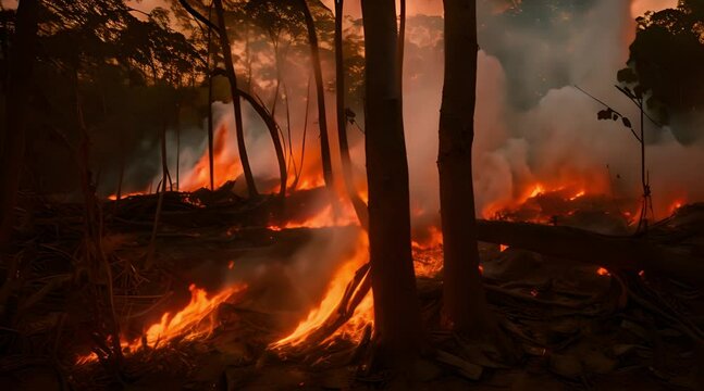 A forest fire rages, with flames consuming trees and thick smoke rising, creating an intense and destructive scene.