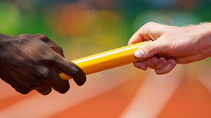 Athletes in a relay race passing the baton, captured in a close-up moment of teamwork.