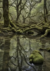 A river meandering through an ancient forest 