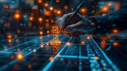 Hand writing on a digital interface with futuristic technology and data