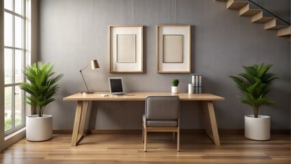 a room with a desk, two wallpaper frame are stands on the desk, the frame are blank