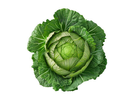 Close-up of a fresh green cabbage isolated on white background, showcasing its vibrant leaves and intricate natural patterns.