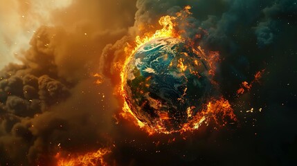 Fototapeta premium Earth globe engulfed in flames, America consumed by fire. Conceptual illustration of global warming, rising temperatures, extreme heat, and climate change disaster.