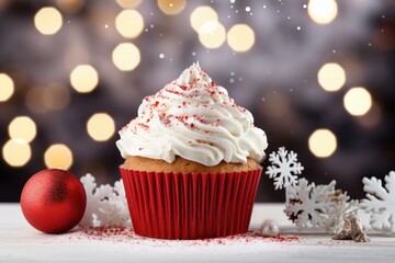 Delicious christmas cupcake topped with whipped cream and sprinkles, accompanied by holiday decorations