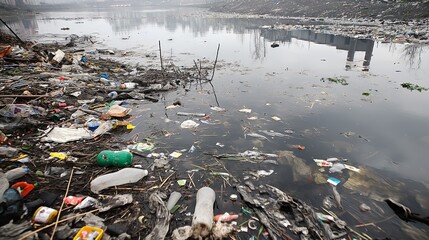 River covered with garbage: Photo of a river or lake covered with floating garbage and plastic waste, showing the problem of water pollution.