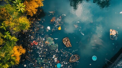 River covered with garbage: Photo of a river or lake covered with floating garbage and plastic waste, showing the problem of water pollution.