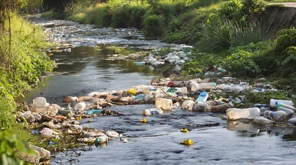 River covered with garbage: Photo of a river or lake covered with floating garbage and plastic waste, showing the problem of water pollution.