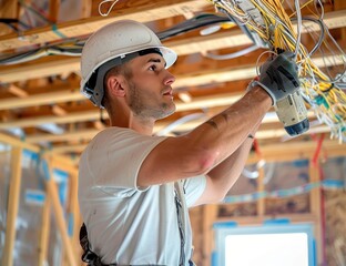Electrician Working on Electrical Wiring in a New Construction