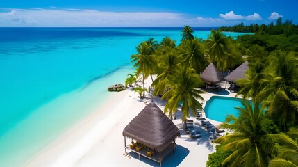 Beautiful tropical Maldives island with beach and sea for nature holiday vacation background concept - Boost up color Processing