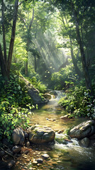 Peaceful forest stream with dappled sunlight and thriving wildlife - nature's serene beauty captured