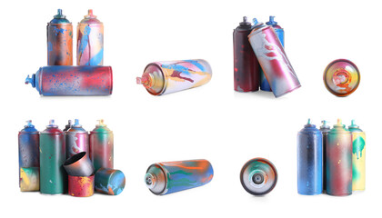 Different used spray paint cans isolated on white, set