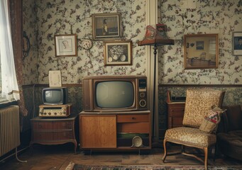 A vintage room with wallpaper, a floor lamp and an old television set. There is also furniture such as an armchair, a chest of drawers and framed pictures on the wall. A rolled up poster hangs above