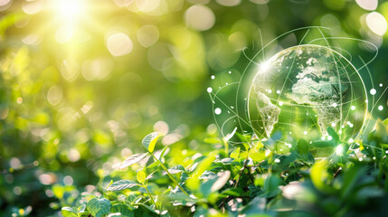 A glowing, digitized Earth hovers above lush greenery, symbolizing technology's role in preserving nature and promoting environmental sustainability.