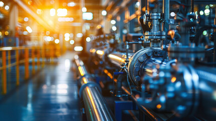 A modern industrial facility with complex machinery and pipes illuminated by bright lights, reflecting a high-tech and efficient manufacturing environment.