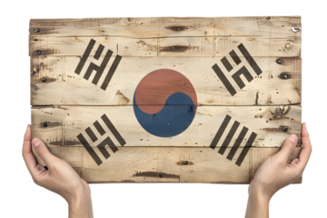 hands holding board with south korea flag, PNG image, isolated