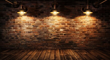 old brick wall background with lamps, brown color, warm light, wood floor, dark background, detailed illustration, high resolution photography, in the style of brown light,