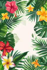 A border made of tropical flowers and leaves on a white backdrop