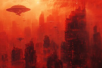 Fototapeta premium Futuristic post apocalyptic urban city ruins under red sky. Destroyed buildings after nuclear war with fire and smoke. Alien landscape. Dystopia