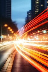 Naklejka premium Blurred night heavy traffic in the city. Abstract background with bright colorful light trails on road. Nightlife. Speed and motion concep