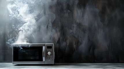 dramatic scene of a microwave with smoke evoking urgency and malfunction