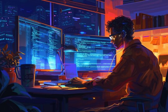 Attractive professional software developer coding program or engineering prompt. Skilled programmer typing computer and laptop while developing system with blurring background. Technology. AIG42.