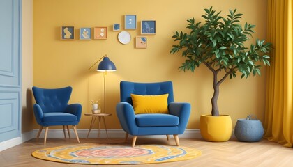 In a modern living room, a blue armchair is placed against a yellow wall, accompanied by a trendy floor lamp and a patterned rug.