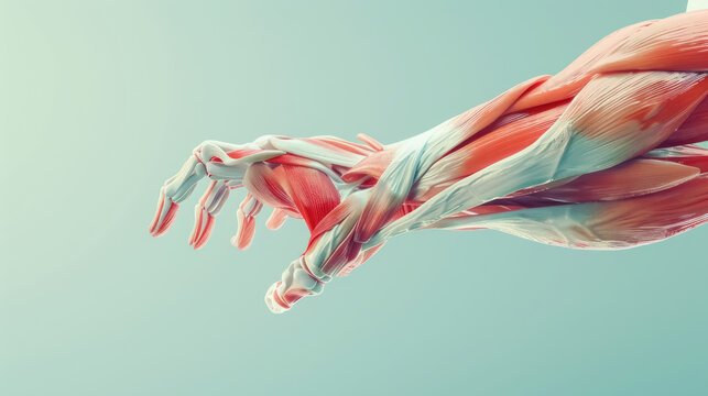 detailed 3d rendering of human hand muscles on a turquoise background
