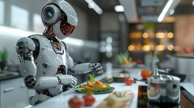A humanoid robot preparing food in a modern kitchen, showcasing advanced AI technology and future culinary automation.