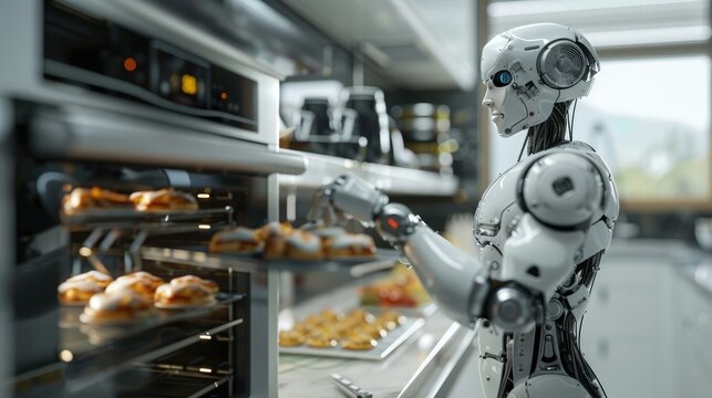 A futuristic robot baking pastries in a modern kitchen, showcasing advanced technology in culinary arts and automation.