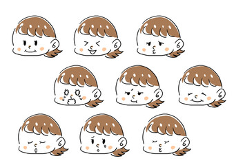 笑顔や落ち込んだり、泣き顔、困り顔などの色んな表情の女の子のイラストセット