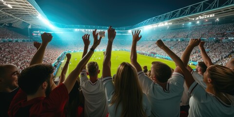 A crowd of fans gathered in the stadium, enjoying the soccer game with excitement and gestures of support. AIG41