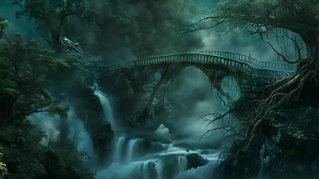 Balanced on a network of roots the bridge spans an abyss hidden in the enigmatic swirling mist hinting at the supernatural forces at play in this mystical setting.