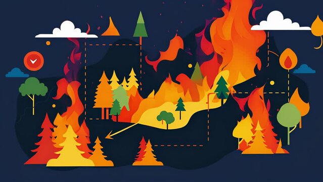 An analysis of historical wildfire data is used to inform the creation of evacuation routes and safe zones reducing the risk of harm to those caught in the path of a rapidly. 2d flat cartoon