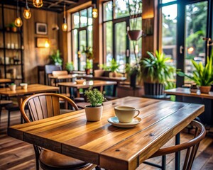 interior of restaurant, Wooden Table in Cozy Coffee Shop Setting.