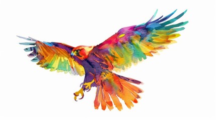 Fototapeta premium A vibrant and colorful watercolor painting of a bird in flight, showcasing brilliant hues and artistic flair on a white background.