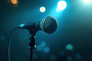 Obraz premium Microphone on stage with bokeh background. Music and concert concept