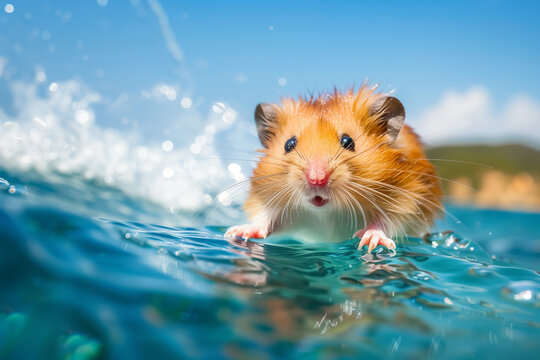 Summer vacation for pets. Adorable hamster surving on tropical beach waves. High quality photo