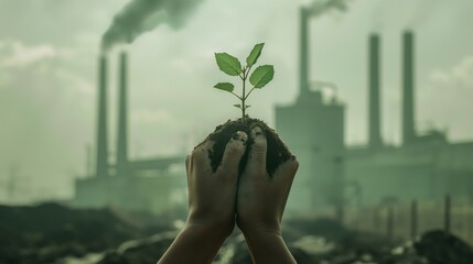 Hands holding a sapling: An image of hands holding a sapling against the background of polluted air or an industrial landscape.