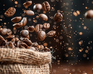 A dynamic image of coffee beans flying out of a burlap bag, frozen in mid-air