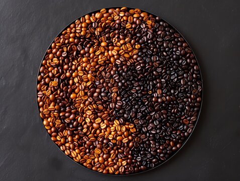 Coffee beans forming a gradient from light to dark, displayed in a circular pattern