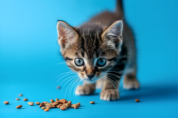 Stock minimalist photography of a tabby kitten playing with food on a blue background with studio lighting
