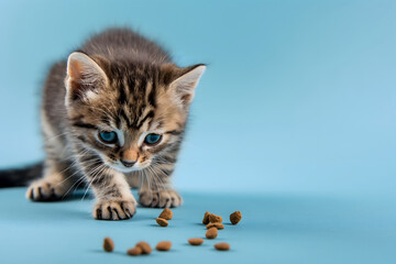 Stock minimalist photography of a tabby kitten playing with food on a blue background with studio lighting