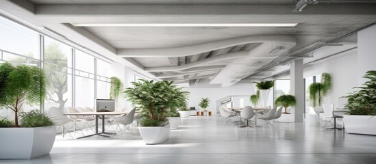 The office space is decorated with green plants