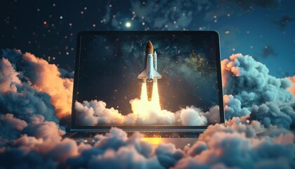 illustration of a rocket flying out of a laptop screen with the milky way galaxy in the background