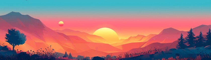 Fototapeta premium Sunset vintage style flat design side view retro theme animation Triadic Color Scheme