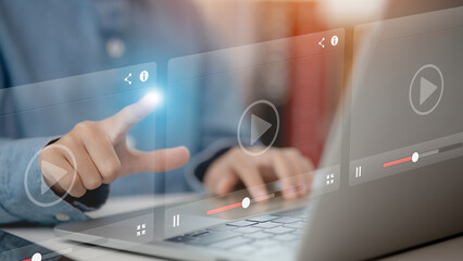 Concept of Online Education. Women use Online education training and e-learning webinar on the internet for personal development and professional qualifications. Digital courses to develop new skills