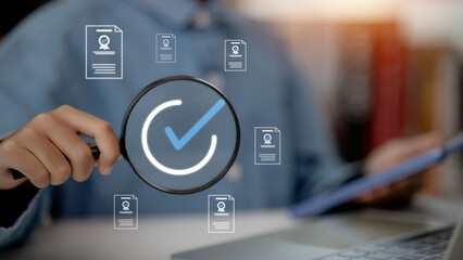 Online survey filling out and digital form checklist by laptop computer, Document Management...