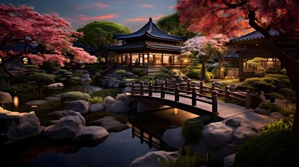 Panorama of a Japanese garden with a pond and cherry blossoms
